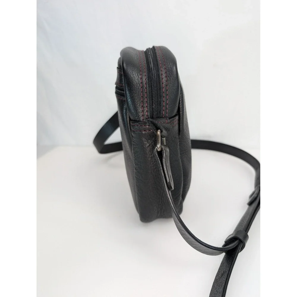 Full‎ Grain Leather Crossbody Bag Purse Black Red Contrast Stitching Messenger